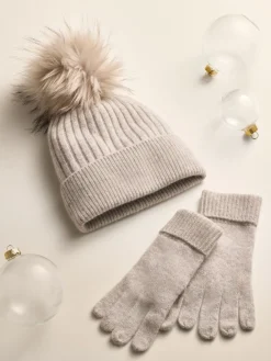 Next N. Premium 100% Cashmere Knitted Pom Hat Pale Grey New