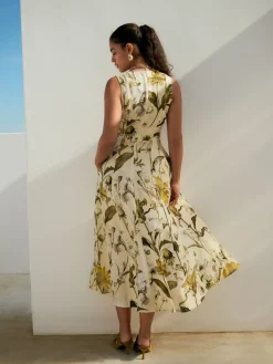 Next Sleeveless Column A-Line Maxi Dress Pastel Yellow Floral Print Best