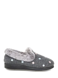 Pavers Grey Floral Faux Fur Slippers Sale