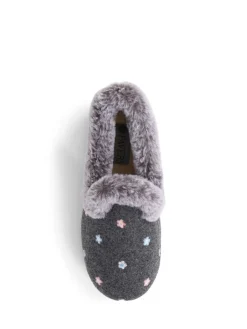 Pavers Grey Floral Faux Fur Slippers Sale