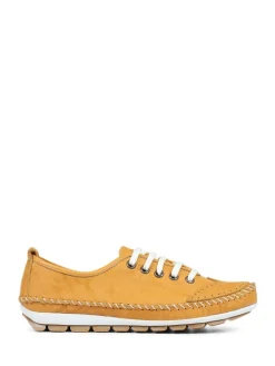 Pavers Yellow Ladies Leather Lace-Up Trainers Outlet