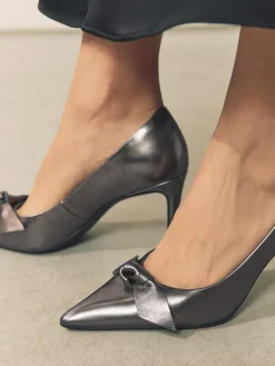 Next Forever Comfort® Bow Detail Leather Mid Court Shoes Pewter Clearance