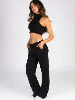 Pineapple Black Womens Cargo Wide Leg Joggers Hot