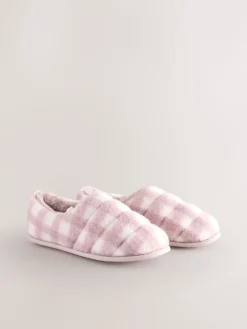 Next Quilted Faux Fur Shoot Slippers Pink Check Outlet