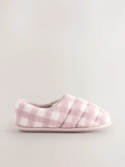 Next Quilted Faux Fur Shoot Slippers Pink Check Outlet