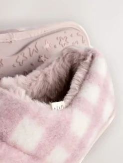 Next Quilted Faux Fur Shoot Slippers Pink Check Outlet