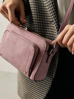 Next Double Zip Cross-Body Faux Suede Bag Pink New