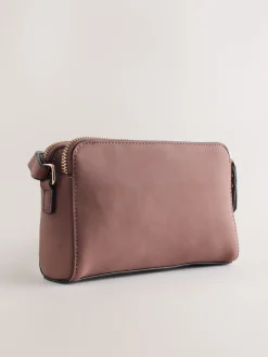 Next Double Zip Cross-Body Faux Suede Bag Pink New