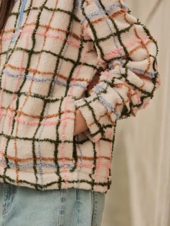 Next Pink/ Ecru Check Soft Touch Cosy Teddy Borg Quarter Zip Fleece New