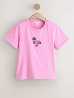 Next Pink Embellished Duck Short Sleeve Crew Neck Top
