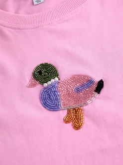 Next Pink Embellished Duck Short Sleeve Crew Neck Top