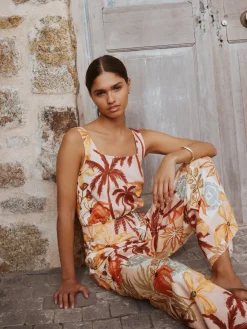 Next Pink Floral Patch Print Square Neck Wide Leg Jersey Jumpsuit Sale