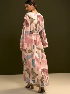 Next V-Neck 3/4 Length Sleeve Maxi Kaftan Dress Pink Floral Print Best