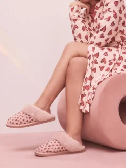 Next Pink Heart Faux Fur Lined Suede Mule Slippers Hot