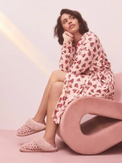 Next Pink Heart Faux Fur Lined Suede Mule Slippers Hot