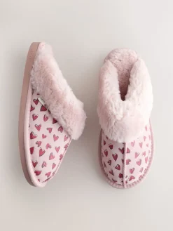 Next Pink Heart Faux Fur Lined Suede Mule Slippers Hot