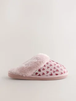 Next Pink Heart Faux Fur Lined Suede Mule Slippers Hot
