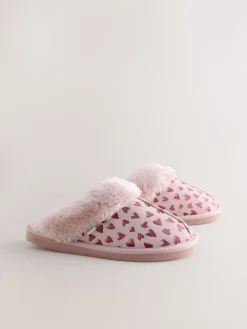 Next Pink Heart Faux Fur Lined Suede Mule Slippers Hot