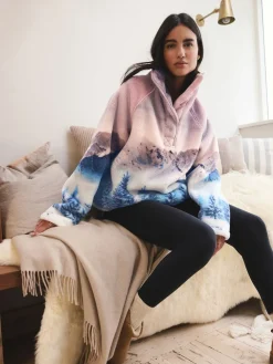 Next Printed Borg Fleece Top Pink Mountain Scene Hot