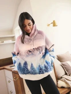 Next Printed Borg Fleece Top Pink Mountain Scene Hot