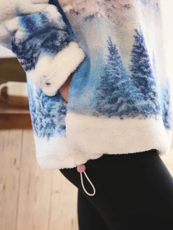 Next Printed Borg Fleece Top Pink Mountain Scene Hot