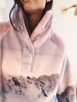 Next Printed Borg Fleece Top Pink Mountain Scene Hot