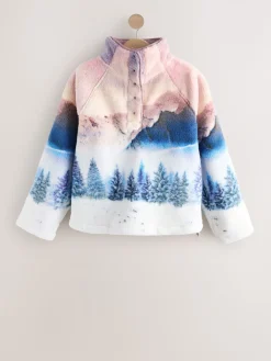 Next Printed Borg Fleece Top Pink Mountain Scene Hot