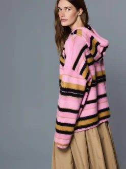Next Pink Multi Stripe Brushed Knit Hooded Jumper New