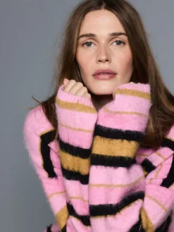 Next Pink Multi Stripe Brushed Knit Hooded Jumper New