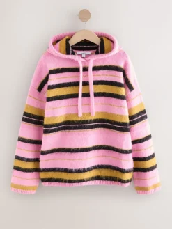 Next Pink Multi Stripe Brushed Knit Hooded Jumper New