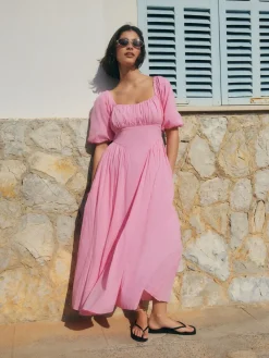 Next Puff Sleeve Midi Dress Pink Hot