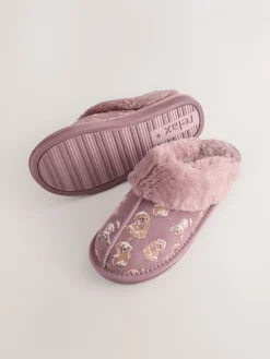 Next Pink Suede Mule Charlie Cockapoo Faux Fur Slippers New