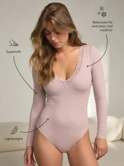 Next Thermal Base Layer Lace Trim Bodysuit Pink Sale