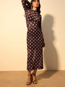 Next Mesh Midi Pencil Skirt Pink/Brown Polka Dot Hot