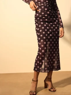 Next Mesh Midi Pencil Skirt Pink/Brown Polka Dot Hot