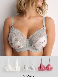 Next DD+ Non Pad Full Cup Bras 3 Pack Pink/Cream/Green Floral Sale