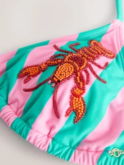 Next Pink/Green Stripe Beaded Embellished Triangle Bikini Top Clearance