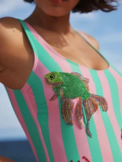 Next Pink/Green Stripe Beaded Embellished Tummy Control Scoop Swimsuit