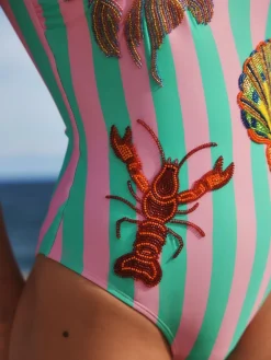 Next Pink/Green Stripe Beaded Embellished Tummy Control Scoop Swimsuit