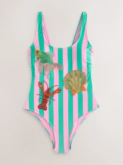 Next Pink/Green Stripe Beaded Embellished Tummy Control Scoop Swimsuit
