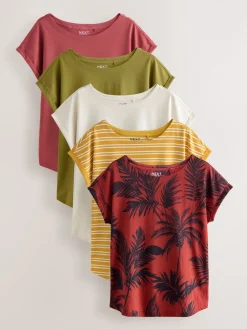 Next Cap Sleeve T-Shirts 5 Pack Pink/Green/White/Yellow Stripe/ Palm Print Sale