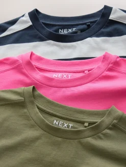 Next Elbow Length Crew Neck 100% Cotton T-Shirts 3 Pack Pink/Khaki/Stripe Discount