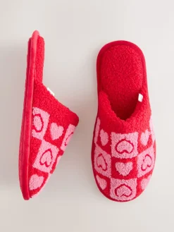 Next Pink/Red Borg Mule Check Heart Slippers Hot