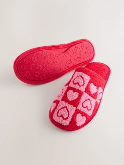 Next Pink/Red Borg Mule Check Heart Slippers Hot