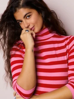 Next Pink/Red Striped Ribbed High Neck Long Sleeve T-Shirt Discount