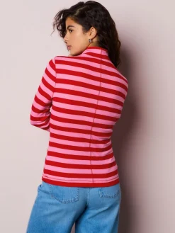Next Pink/Red Striped Ribbed High Neck Long Sleeve T-Shirt Discount