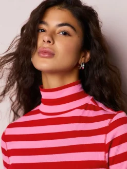 Next Pink/Red Striped Ribbed High Neck Long Sleeve T-Shirt Discount