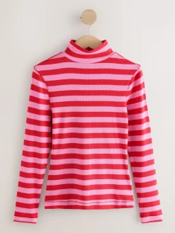 Next Pink/Red Striped Ribbed High Neck Long Sleeve T-Shirt Discount