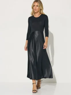 PixieGirl Petite Long Sleeve Mixed Satin Skirt Maxi Dress Black Hot