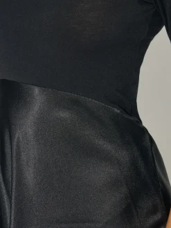 PixieGirl Petite Long Sleeve Mixed Satin Skirt Maxi Dress Black Hot